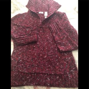 Woman’s sweater. Red, black, gray and white specs. V neck with collar. 24 inch L